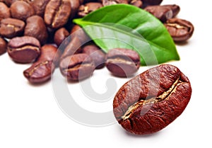 Black coffee beans grain with leaf