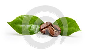Black coffee beans, grain with leaf