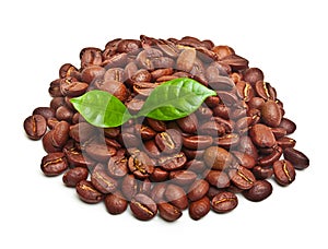 Black coffee beans, grain with leaf