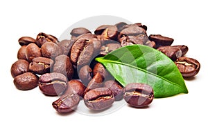 Black coffee beans grain with leaf