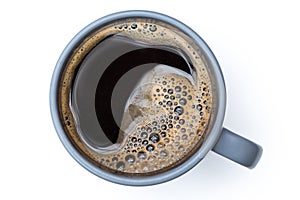 Black coffee in a blue-grey ceramic mug isolated on white from above