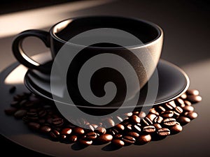 Black coffee with coffee beans placed around a coffee stand