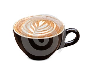 Black coffee cup of art latte with froth tulip shaped isolated on white background. With clipping path