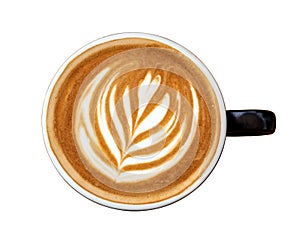 Black coffee cup of art latte with froth tulip shaped isolated on white background. Top view