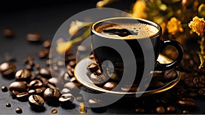Black coffee in a cup and coffee beans on a black background