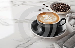 A black coffee cup with a detailed latte art heart sits on a marble countertop, with a modern kitchen blurred in the