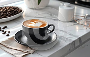 A black coffee cup with a detailed latte art heart sits on a marble countertop, with a modern kitchen blurred in the