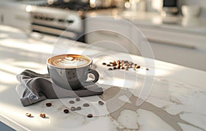 A black coffee cup with a detailed latte art heart sits on a marble countertop, with a modern kitchen blurred in the