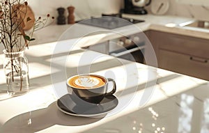 A black coffee cup with a detailed latte art heart sits on a marble countertop, with a modern kitchen blurred in the