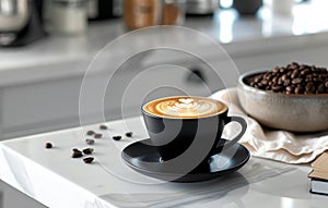 A black coffee cup with a detailed latte art heart sits on a marble countertop, with a modern kitchen blurred in the