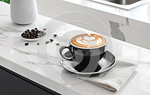 A black coffee cup with a detailed latte art heart sits on a marble countertop, with a modern kitchen blurred in the