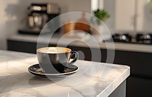 A black coffee cup with a detailed latte art heart sits on a marble countertop, with a modern kitchen blurred in the