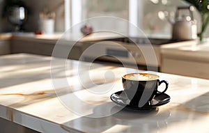 A black coffee cup with a detailed latte art heart sits on a marble countertop, with a modern kitchen blurred in the