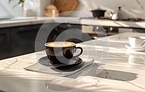 A black coffee cup with a detailed latte art heart sits on a marble countertop, with a modern kitchen blurred in the