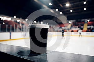 Black coffee cup with empty space for mock up at ice rink arena