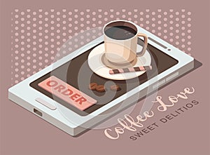 Black coffee in cup on mobile phone. Coffee ordering concept.