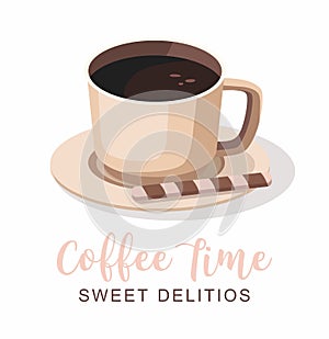 Black coffee in cup. Poster vector template for cafe.