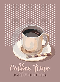 Black coffee in cup. Poster vector template for coffee shop or cafe.