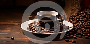 Black coffee cup with roasted beans on wooden table