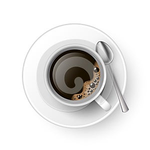 black coffee cup with spoon and saucer top view