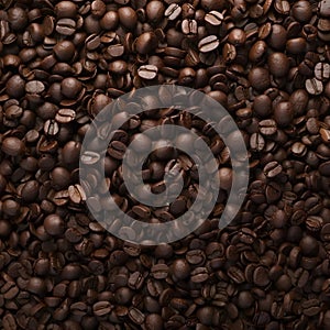 Black coffee grains lie on a brown wooden table, background image. Roasted coffee beans on wooden. Coffee grains background
