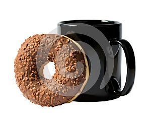 Black coffee mug and chocolate donut isolated on white background