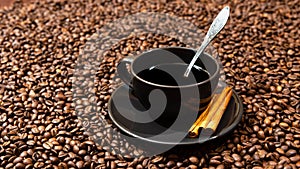 Black  coffee mug and  cinnamon sticks on the coffee beans background