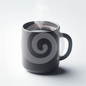 Black coffee mug, isolated, white background, wih smoke photo