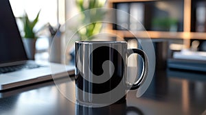 Black coffee mug on modern desk in an office setting