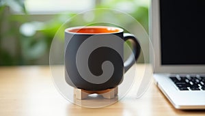 Black coffee mug with orange interior next to laptop workspace