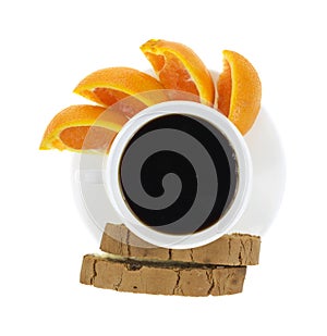 Black coffee orange slices and biscotti