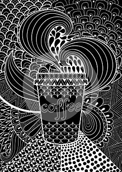 Black Coffee patterned background for adult coloring book. Hand