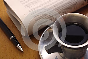 Black Coffee, Pen and Newspaper