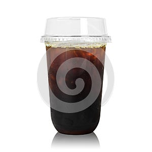 Black Coffee in plastic cup isolated on white background. No sugar coffee with ice beverage.  Clipping path