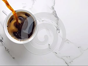 Black coffee pouring into white mug on white marble tabletop