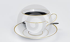 Black coffee in a white ceramic mug with gold rim and saucer on white background and white wallpaper. 3D Rendering