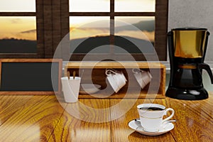 Black coffee in a white ceramic mug with gold rim and saucer. Blur Black and gold espresso machine  and Coffee cup storage on