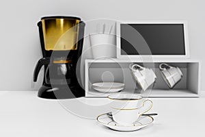 Black coffee in a white ceramic mug with gold rim and saucer. Blur Black and gold espresso machine  and Coffee cup storage on