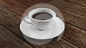 Black coffee in a white ceramic mug and plate on wooden background. 3D Rendering