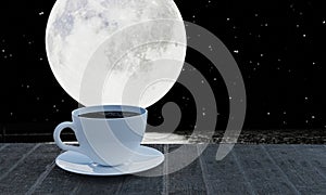 Black coffee in a white coffee mug with saucer Put on the table, wooden floor With full moon and sea as background. 3D Rendering