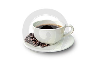Black coffee in white cup and crow`s beans isolated on white background