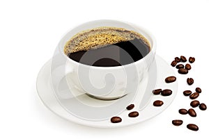 Black coffee in a white cup on plate and coffee beans top view isolated on white background