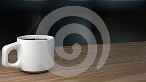 Black coffee in a white mug 3D rendering with a saucer placed on a wooden plate and served in the morning 3D illustration