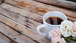 Black coffee on wooden background. for copy space