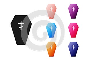 Black Coffin with christian cross icon isolated on white background. Happy Halloween party. Set icons colorful. Vector