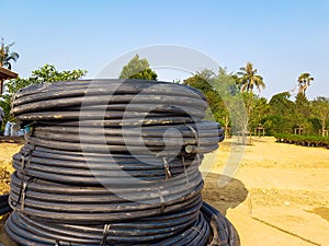 Black coil rubber hose put in the garden