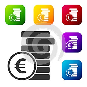Black Coin money with euro symbol icon isolated on white background. Banking currency sign. Cash symbol. Set icons in