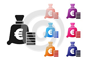 Black Coin money with euro symbol icon isolated on white background. Banking currency sign. Cash symbol. Set icons