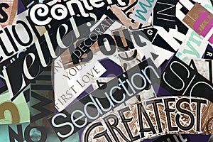 Black collage of words on a mood board. bright atmospheric background of words and letters cut out from a magazine.