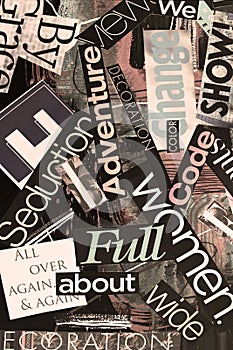 Black collage of words on a mood board. bright atmospheric background of words and letters cut out from a magazine.